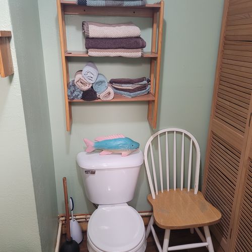 Bathroom:  the toilet with the the towels above it