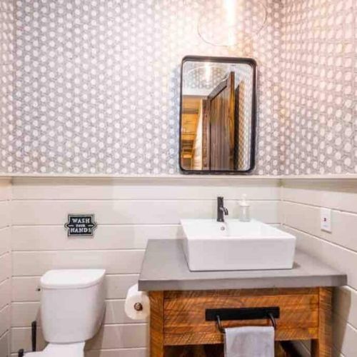 A half bath is found on the main level.