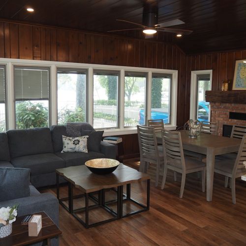 Overview:  the main living room and dining area next to kitchen.