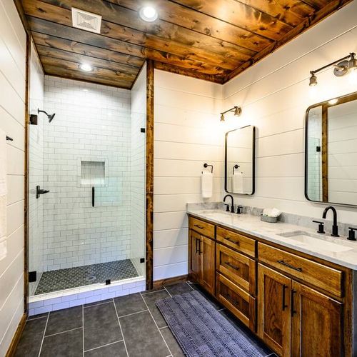 Double Vanity and walk-in shower for one of the upstairs King Suites.