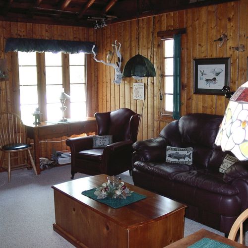 Living room:  the cabin has a very comfy and cozy living room with a sofa, comfy chair, gas fireplace, coffee table, and live streaming television with roku
