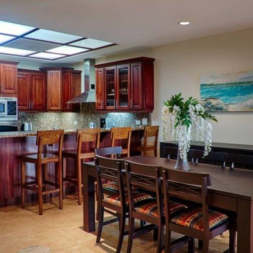 Gather around this dining table to enjoy a delicious dinner.