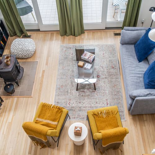 A bird's eye view of the living room from the loft.