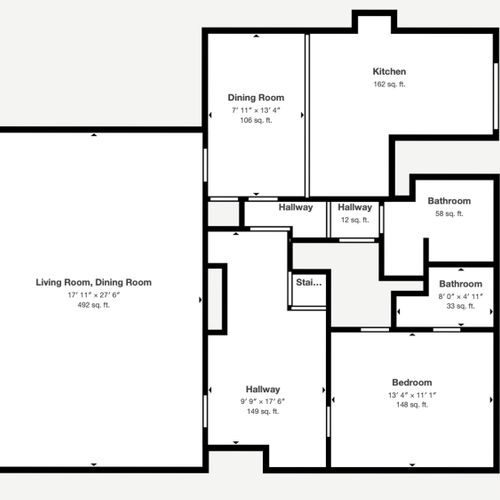 Floorplan for the main level of the house. The grey block in the center are closets.