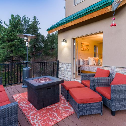 Through the double french doors, you'll have direct access to the private front patio and all the outdoor amenities: patio standing heater has been removed.