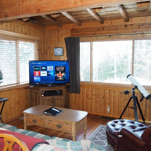 Living room:  the cabin has a very cozy and comfortable living room with a sofa, comfy chair, desk, book cabinet, gas fireplace, and a television with live streaming via roku.