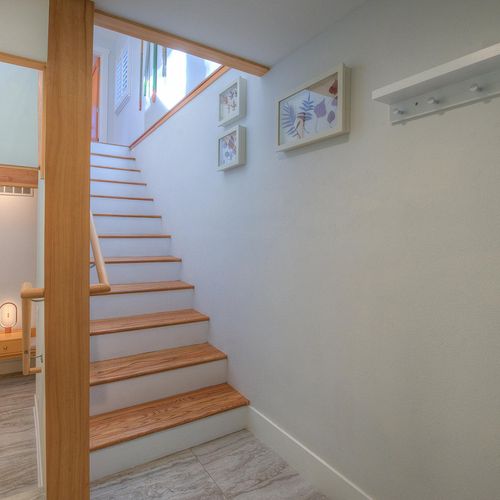 Entryway landing shows the stairs to the living space upstairs and the four steps down to the bedrooms below.
