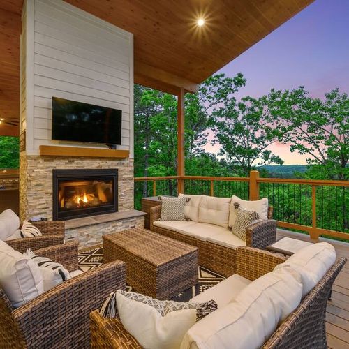 Matching outdoor furniture around the outdoor fireplace!