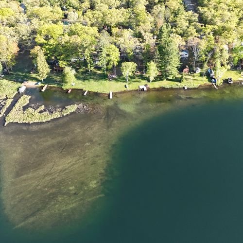 Exterior:  an aerial view of the lakeshore of the property