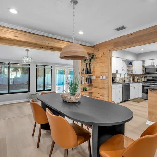 Enjoy meals in our newly remodeled kitchen and dining area, with a table for 6 people.