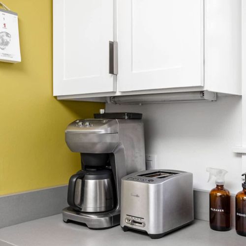 Brew your perfect cup with a choice of four diverse coffee makers. Including Breville's classic drip (available upon request) , a Keurig, a french press and a classic stove top espresso pot (not all pictured).