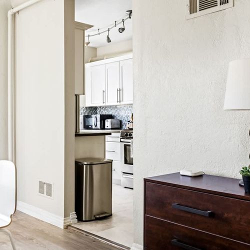 Looking into the kitchen from the dining area