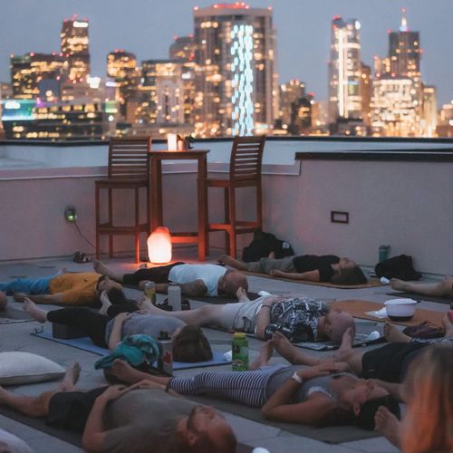 Skyline view of Denver from rooftop deck