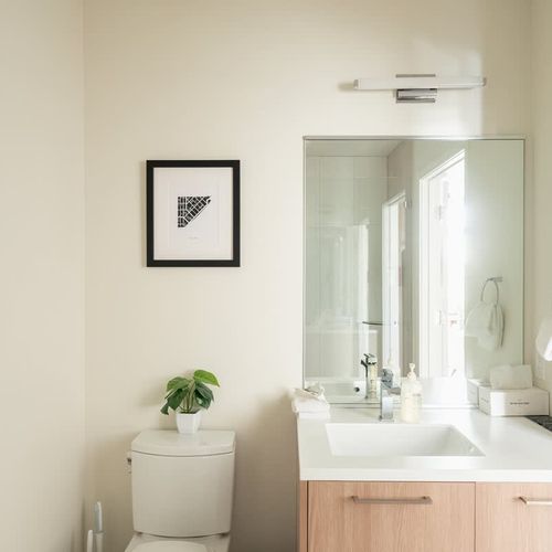 The bathroom is off of the main living area