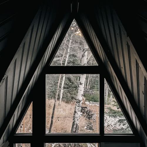 Large windows look out to aspen and evergreen trees