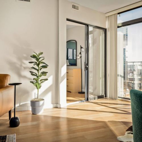 Sliding door leads into the primary bedroom