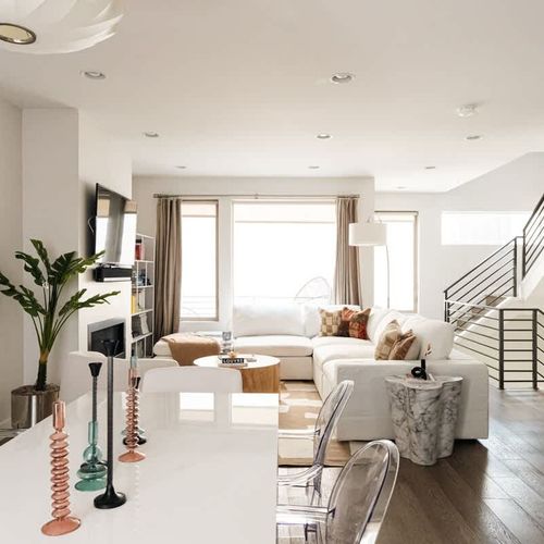 Looking from the dining area into the living room