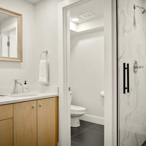 Basement bedroom has an en suite bathroom with walk-in glass shower