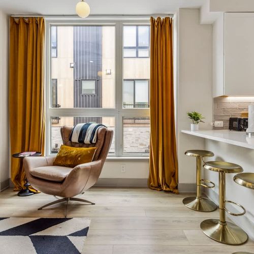 Living area seating and kitchen counter seating