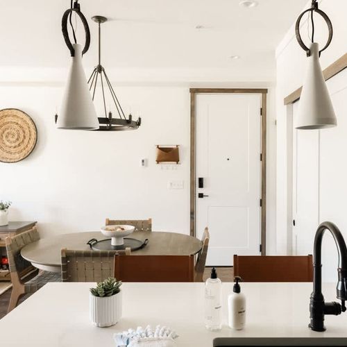 Kitchen and dining areas with entry