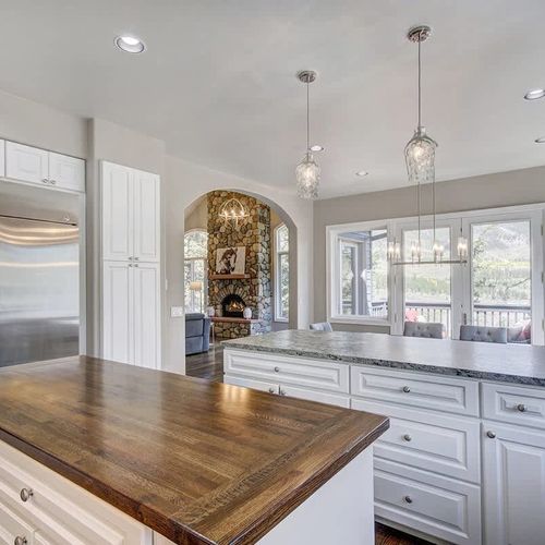 Kitchen looking over dining area