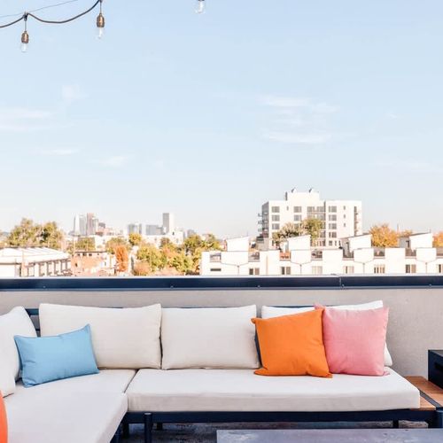 Rooftop lounge with city skyline views