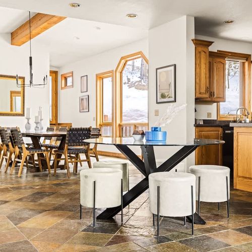 Kitchen with seating and dining area