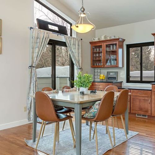 The dining table seats 6