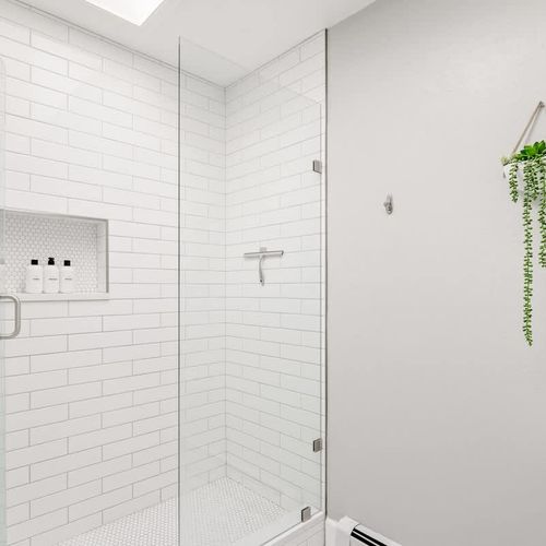 Walk-in glass shower with tons of natural light