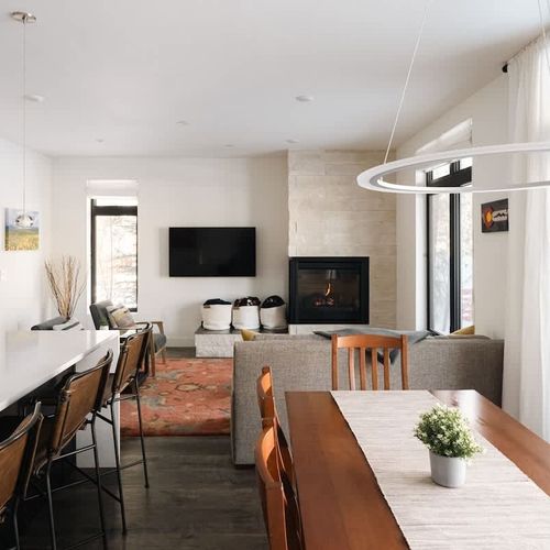 Kitchen, living area, and dining area