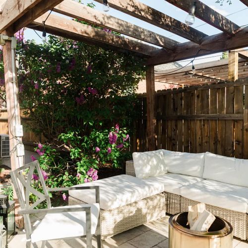 Seating and lights on patio (solo stove not available for guest use)