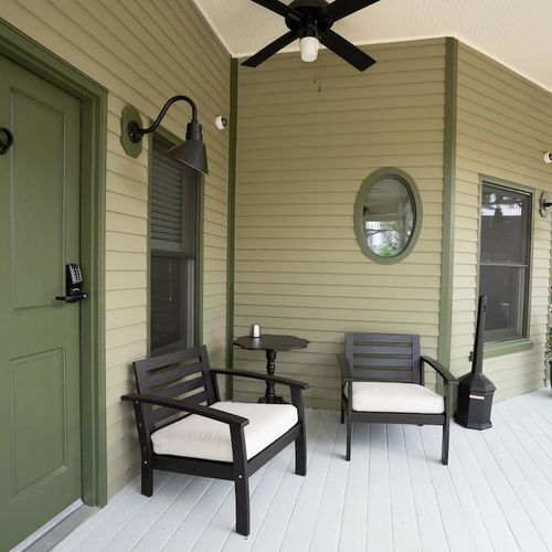 A patio set outside of the room.