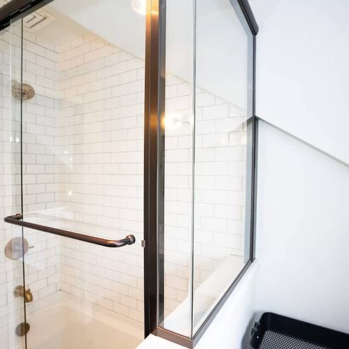 The bathroom has a shower