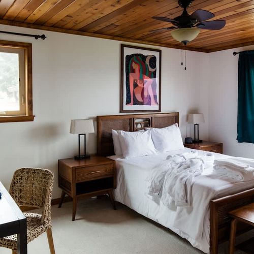 Primary bedroom with Queen bed, luxury bed linens and comfy robes.