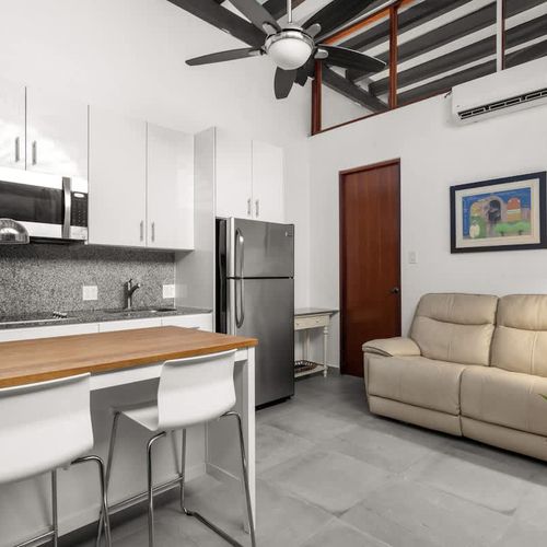 livingroom with kitchen , stainless steel fridge, air conditioner, sofabed, seats, ceiling fan, microwave,  reading lamps, cabinets