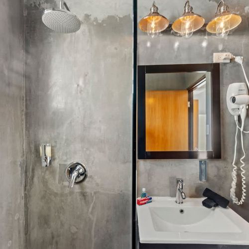 Sleek, modern bathroom with all essentials.