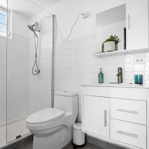 Step into a modern bathroom with a spacious walk-in shower and a well-lit vanity – designed for comfort and convenience.
