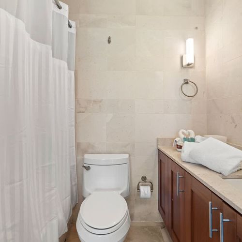 Spa-like bathroom with double vanity and spacious shower.