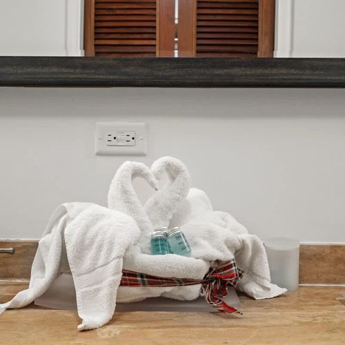 Indulge in luxury with this beautifully appointed bathroom. The double vanity boasts ample counter space and stylish faucets, while the elegant towel display adds a touch of sophistication.