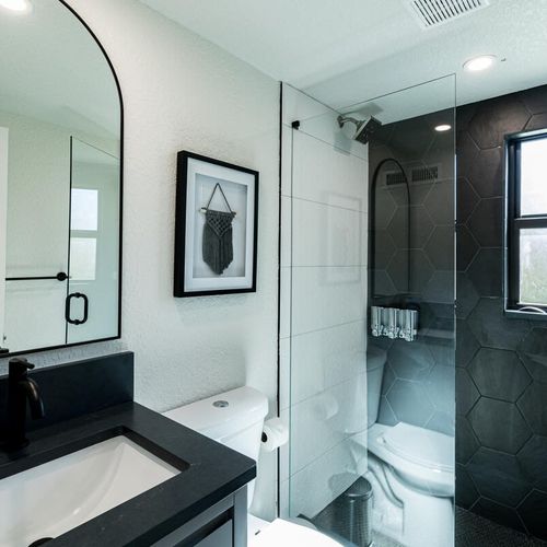 There's storage in this vanity, as well as in the closet just adjacent the bathroom door. And unless you choose to bring your own, the Beachside team provides shampoo, conditioner and body wash for your convenience.