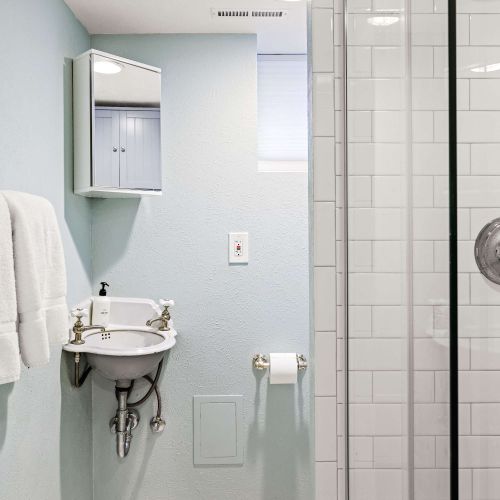 The bathroom in the basement has a walk in shower