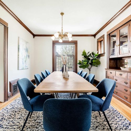 The dining table seats 10 people