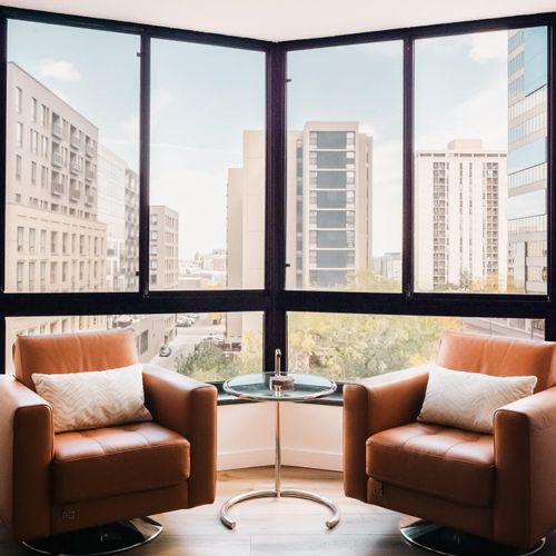 Bay window seating overlooking Downtown Denver