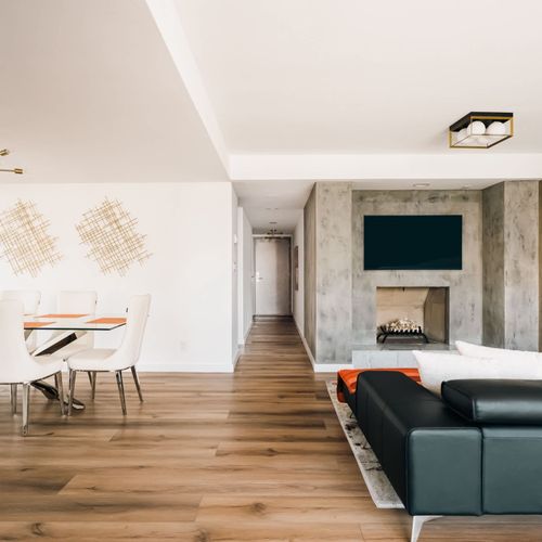 Living and dining areas *Fireplace is non-operational and not available for guest use*