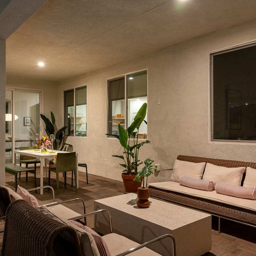 Outdoor seating and dining areas