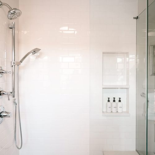 Large glass shower in en suite bathroom