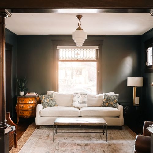 Looking into the living room from the dining area (Fireplace is not available for guest use)