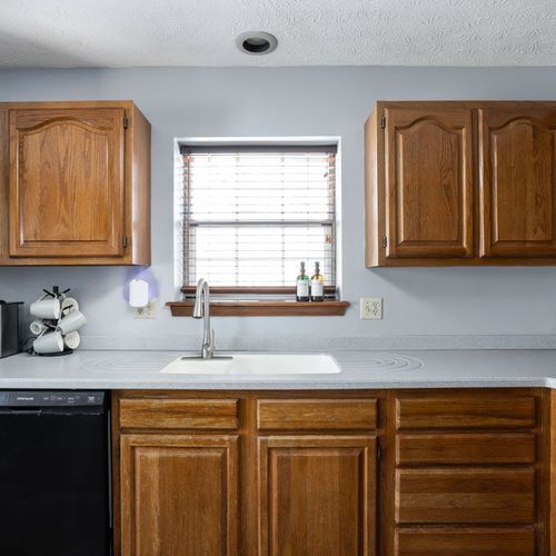 Our kitchen, with all of the cooking basics and supplies to start a family meal!