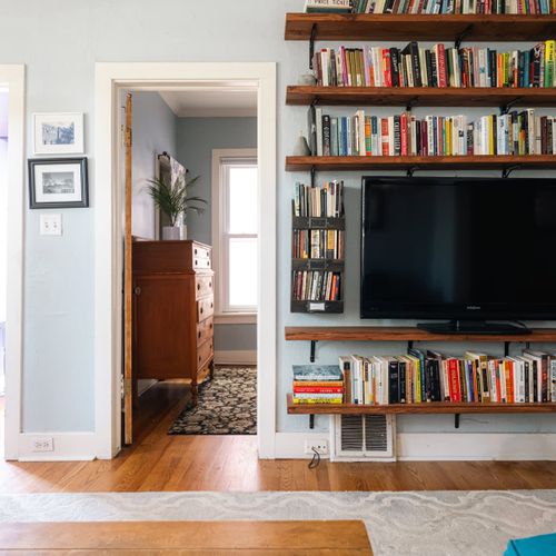 TV and books in the living room