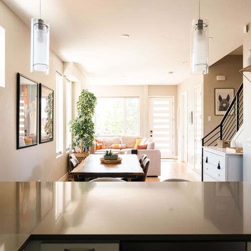 Kitchen view looking toward dining and living areas